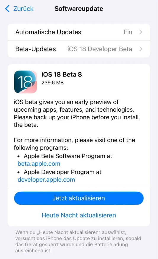 孝义苹果手机维修分享苹果 iOS / iPadOS 18 开发者预览版 Beta 8 发布 